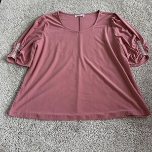 89th + Madison Blouse Womens PXL Pink Puff Sleeve V Neck Strap Top Jersey Knit